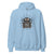 Light blue hoodie with a spider graphic and text on a white background
