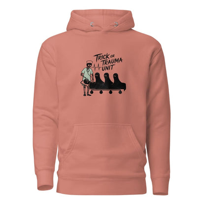 Pink hoodie with graphic design and text on a white background
