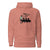 Pink hoodie with graphic design and text on a white background