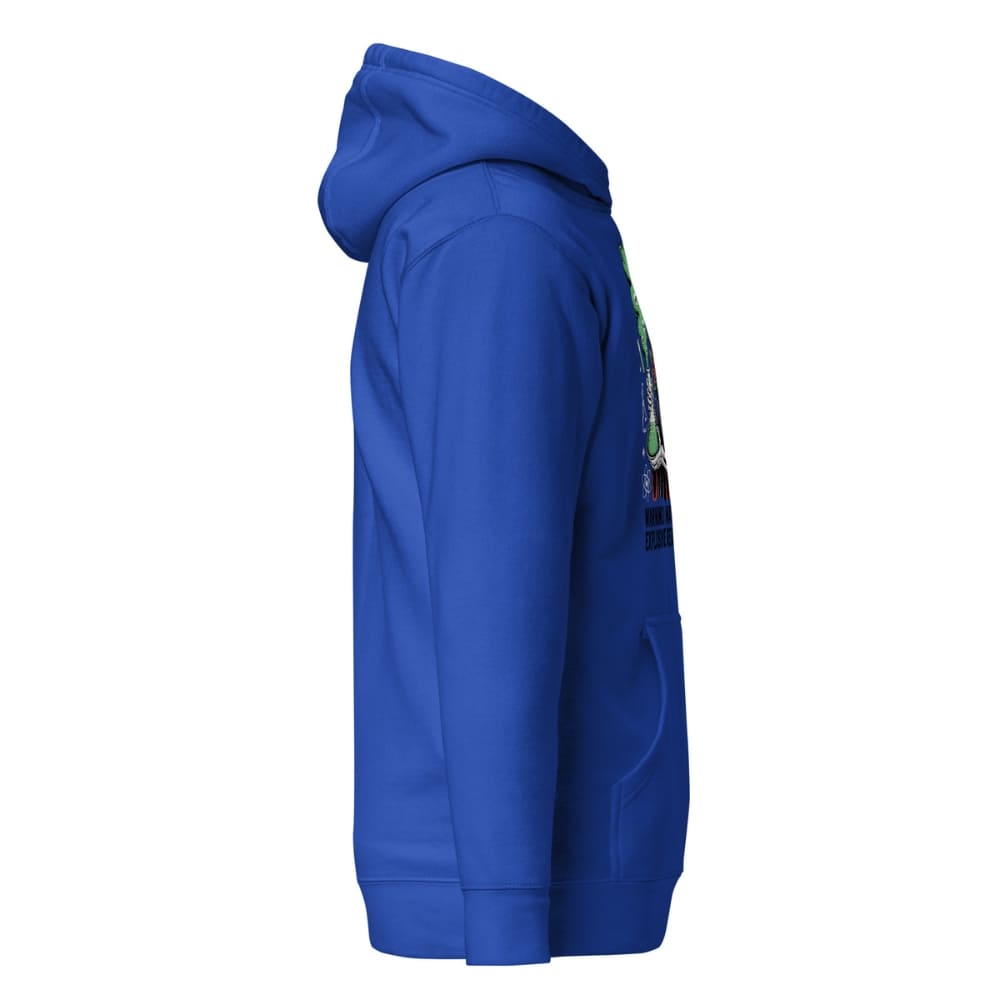 Blue hoodie with a patch on the sleeve against a white background