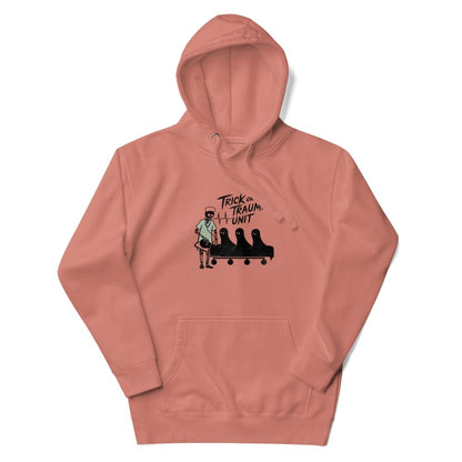 Pink hoodie with graphic design and text on a white background