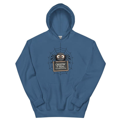 Blue hoodie with spider graphic and text on a white background