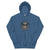 Blue hoodie with spider graphic and text on a white background