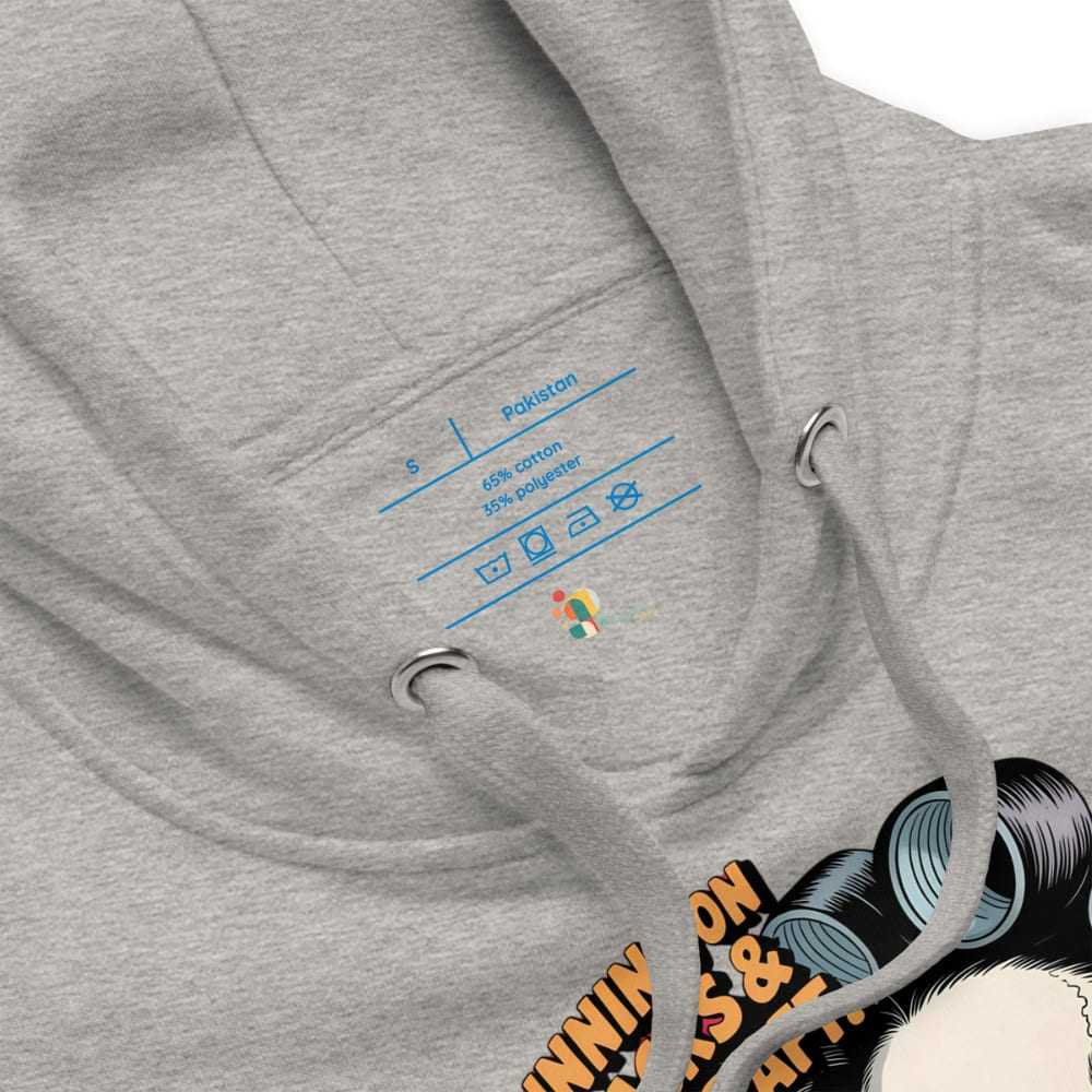 Gray hoodie with brand logo and text on the chest pocket against a white background