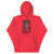 Red hoodie with graphic design and text on a white background