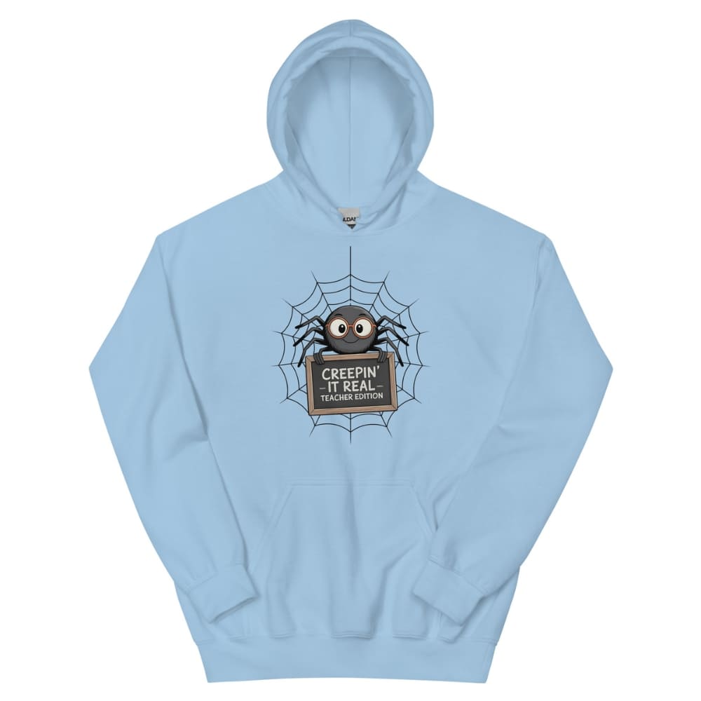 Light blue hoodie with a spider graphic and text on a white background