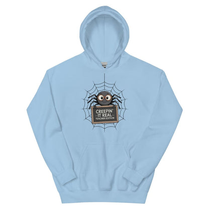 Light blue hoodie with a spider graphic and text on a white background