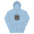 Light blue hoodie with a spider graphic and text on a white background