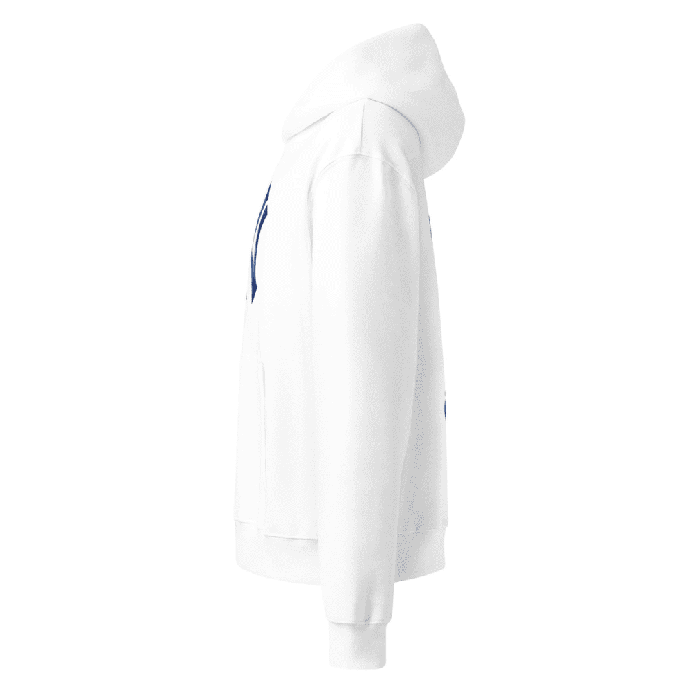 White hoodie with a small logo on a white background
