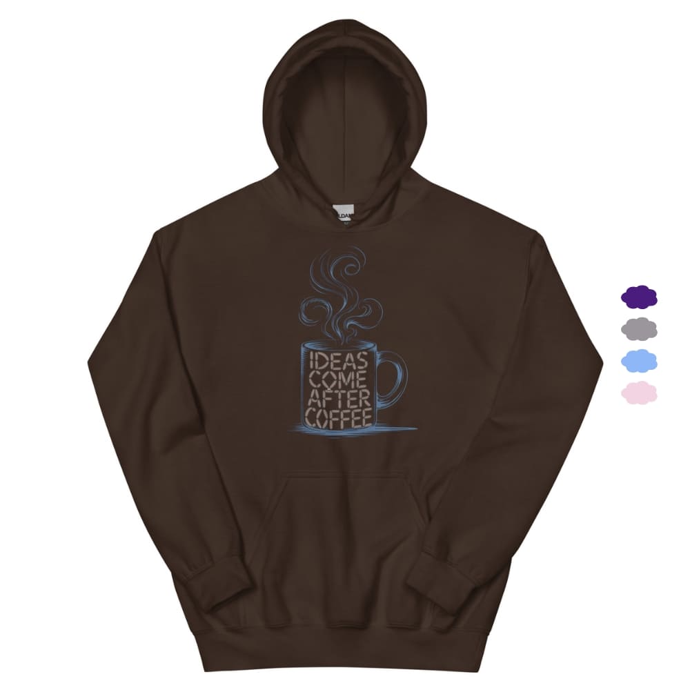 Brown hoodie with coffee graphic and text on a white background