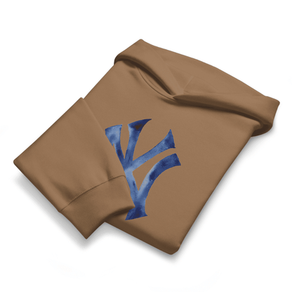 Brown sweatshirt with blue logo on a white background