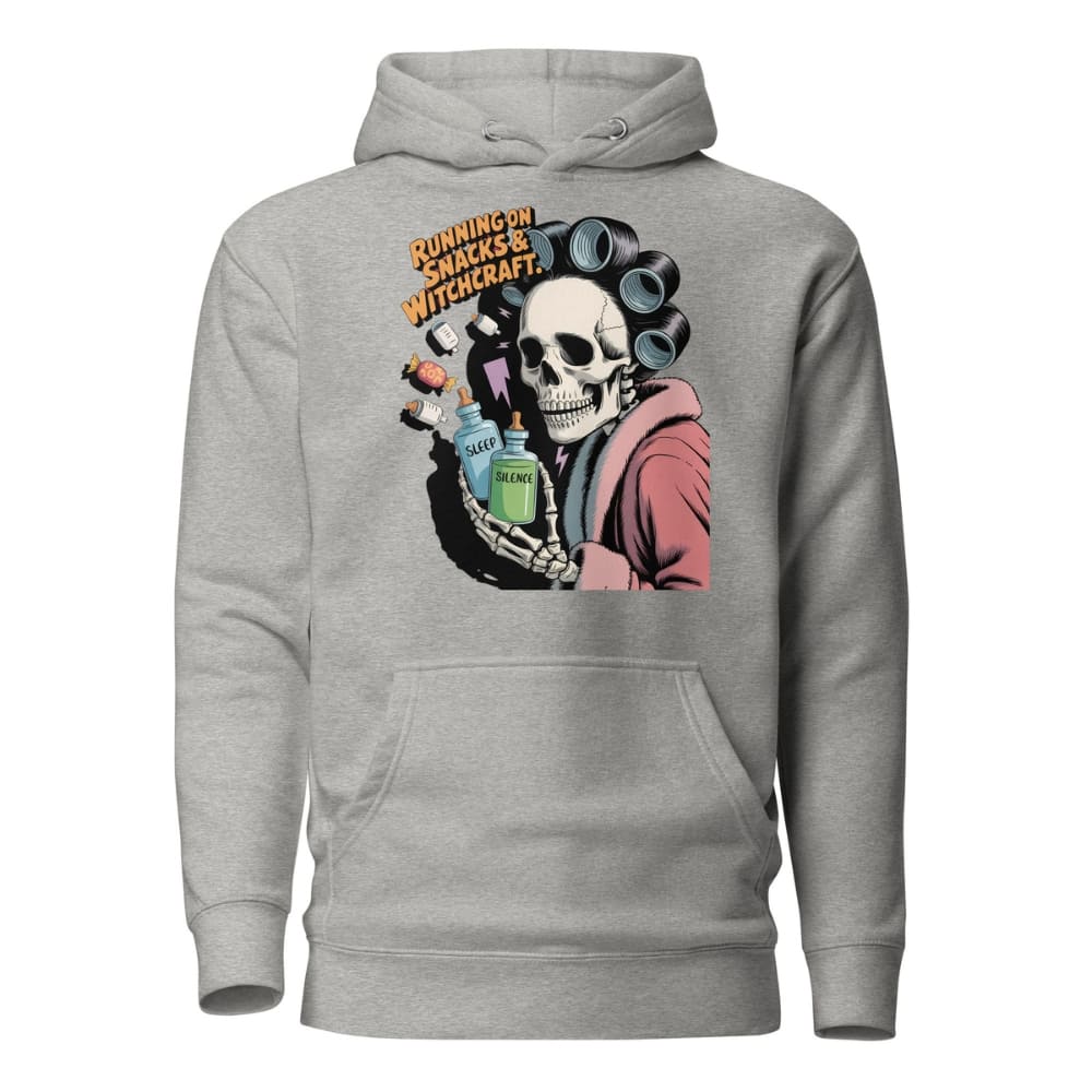 Gray hoodie with a skeleton holding bottles and text on a white background