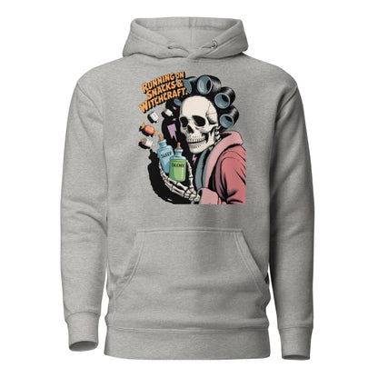 Gray hoodie with a skeleton holding bottles and text on a white background