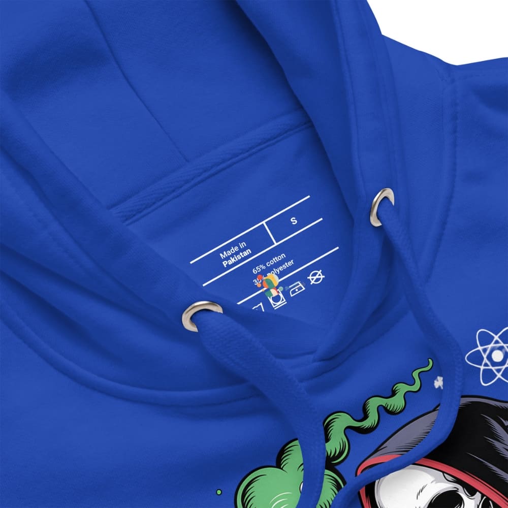 Close-up of a blue hoodie with a label and design details.