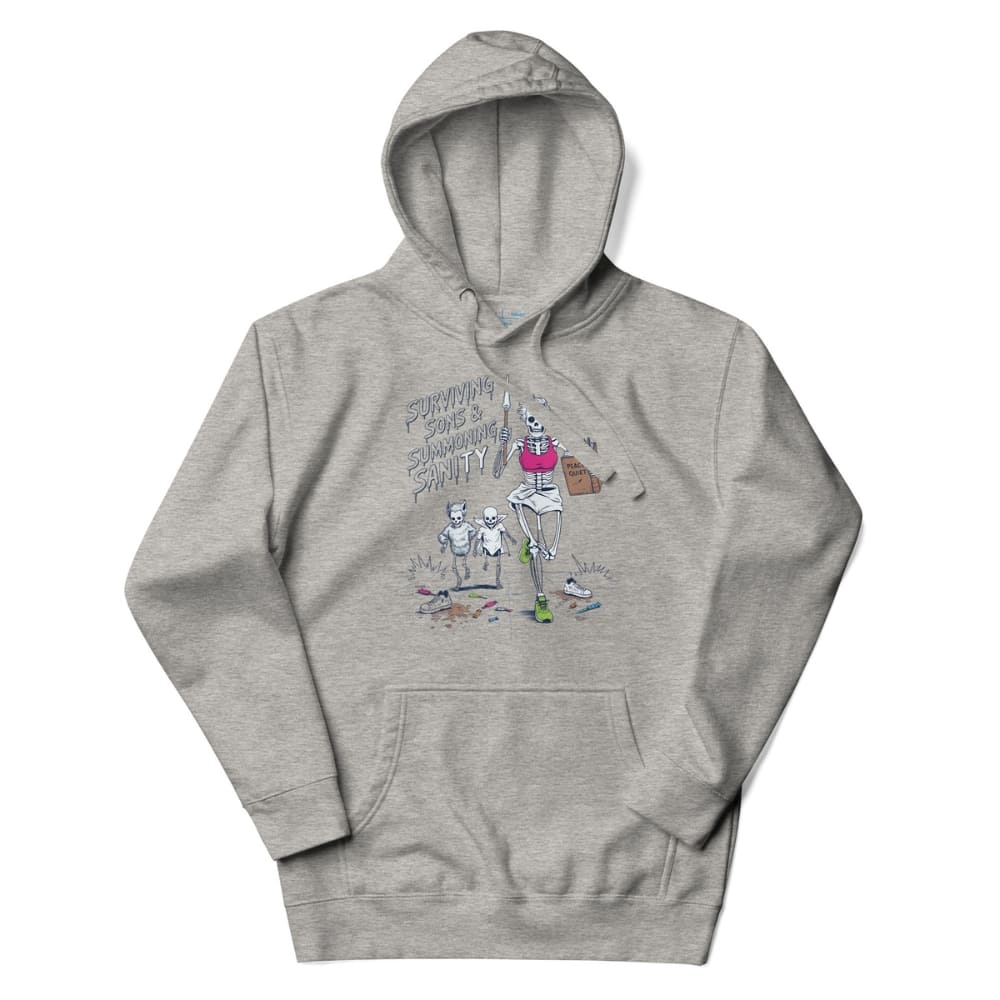 Gray hoodie with a colorful graphic on a white background