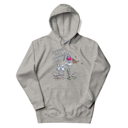 Gray hoodie with a colorful graphic on a white background