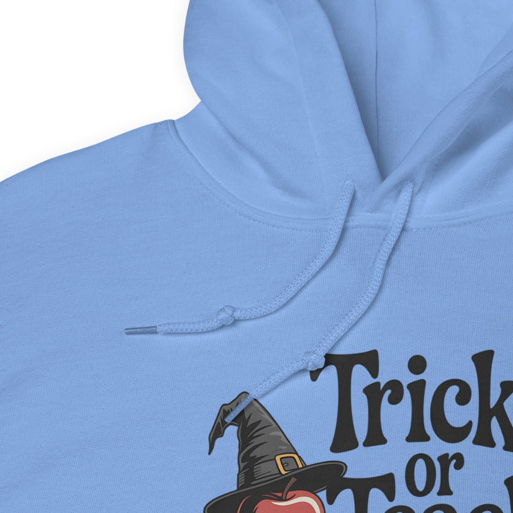 Light blue hoodie with a Halloween-themed design featuring a witch hat and text.