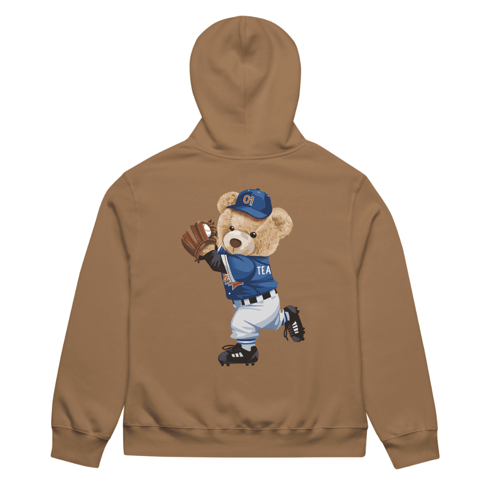 Brown hoodie with a bear graphic in a blue sports uniform on the back, on a white background.
