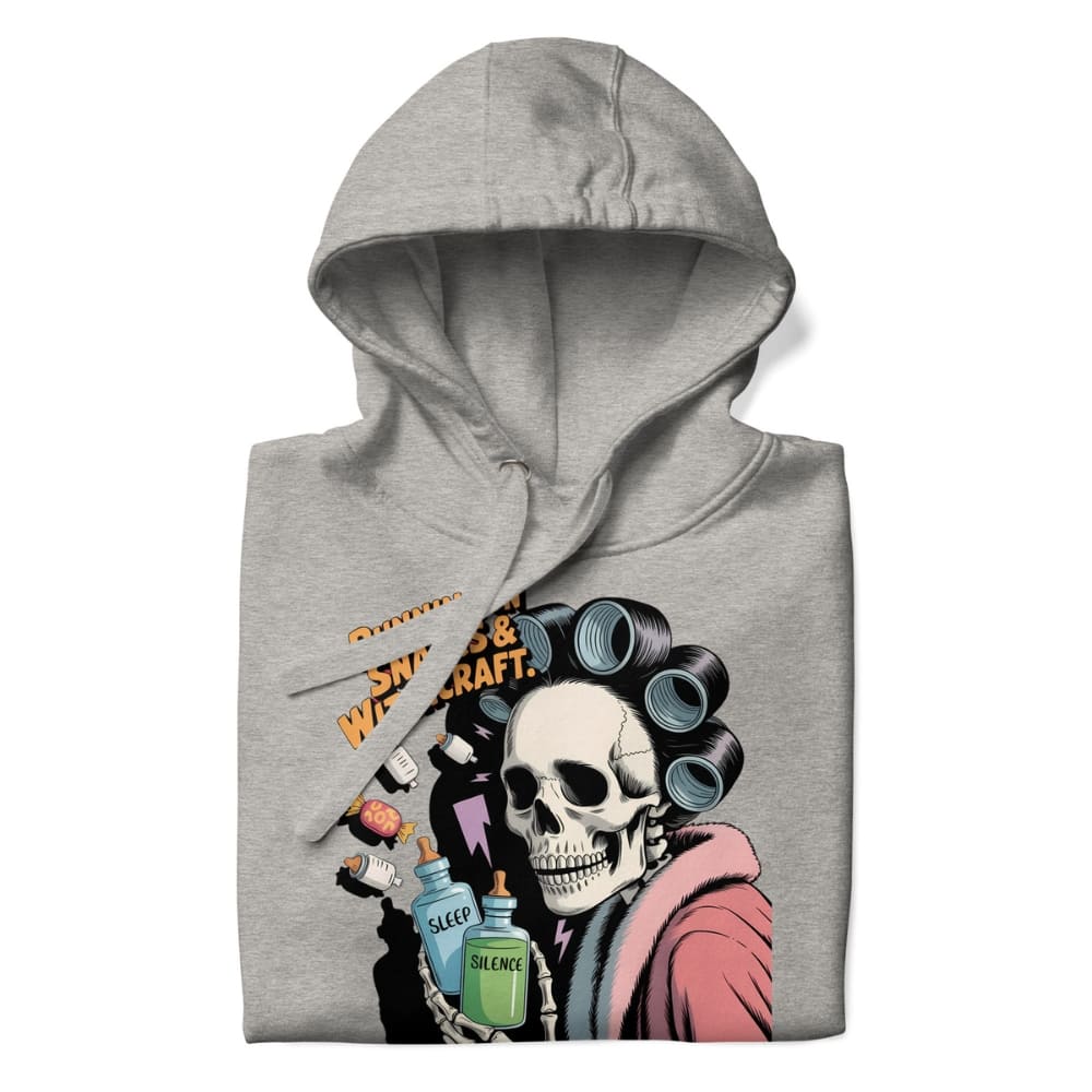 Gray hoodie with a skull and curlers graphic design on a white background