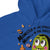 Blue hoodie with Halloween-themed design featuring a monster, pumpkins, and text.