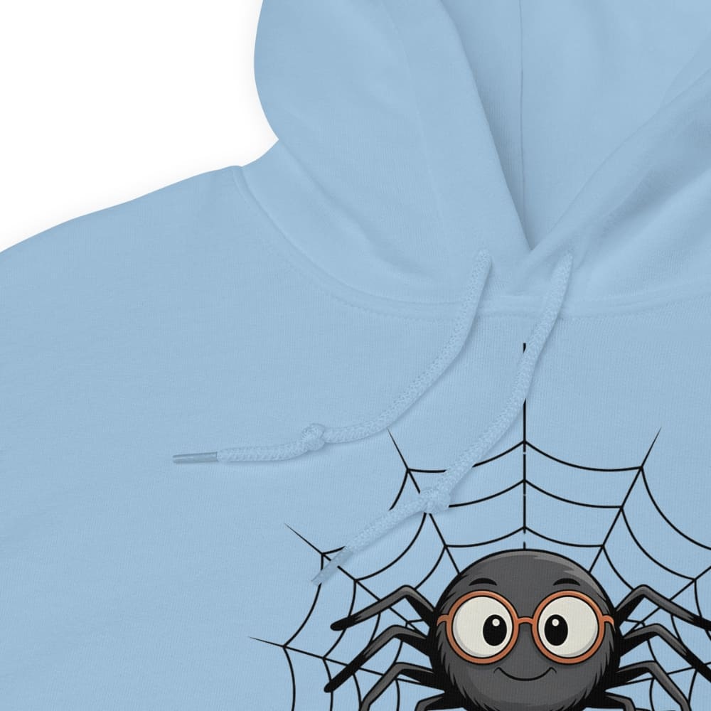 Light blue hoodie with a spider design on a white background