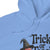 Light blue hoodie with a Halloween-themed design featuring a witch hat and text.