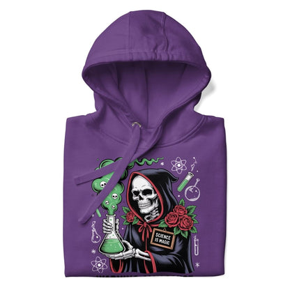 Purple hoodie with a skeleton holding a beaker and text 'Science is Magic' on a white background