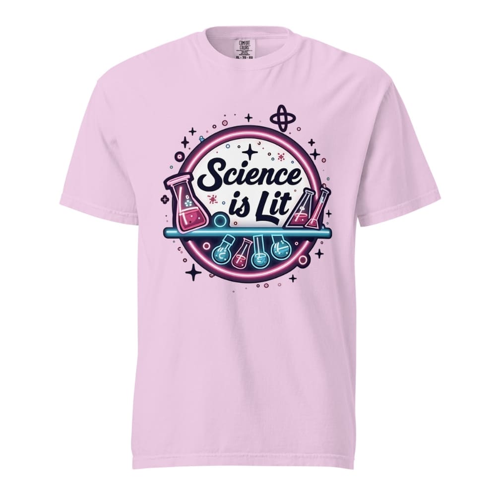 Pink t-shirt with 'Science is Lit' graphic design on a white background