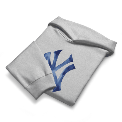 Gray sweatshirt with a blue logo on a white background