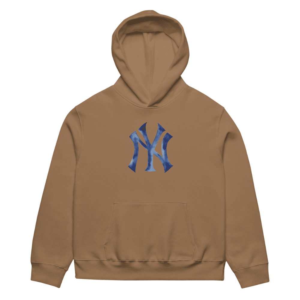 Brown hoodie with blue logo on a white background
