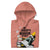 Pink hoodie with graphic design and text on a white background