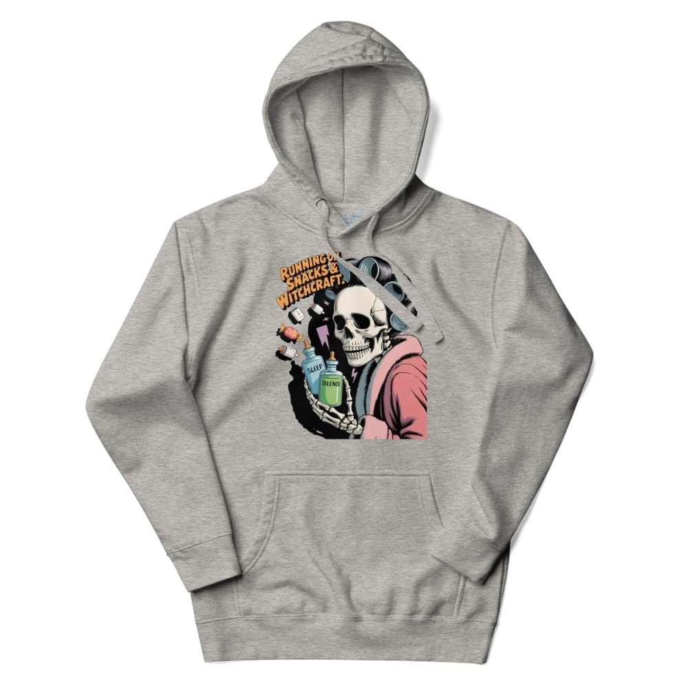 Gray hoodie with a graphic design of a skeleton and text on a white background