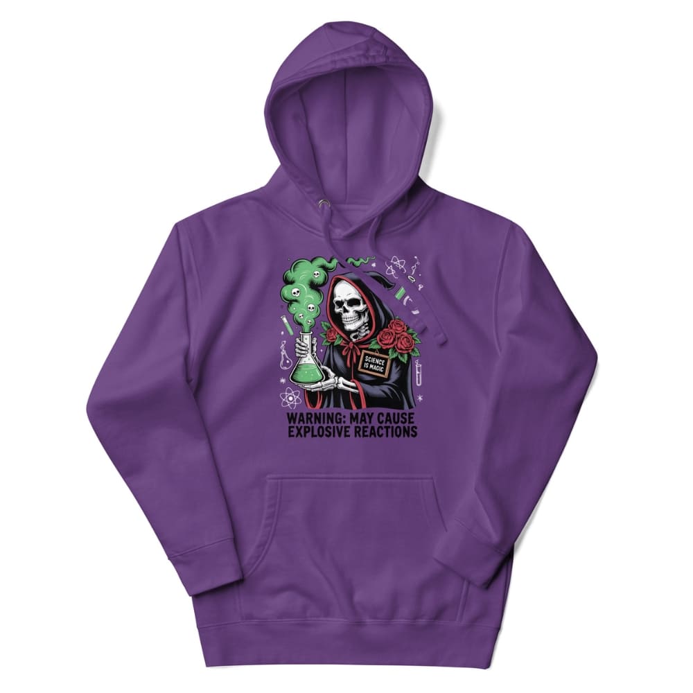 Purple hoodie with graphic design of a skeleton and text on a white background