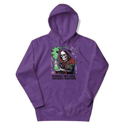 Purple hoodie with graphic design of a skeleton and text on a white background