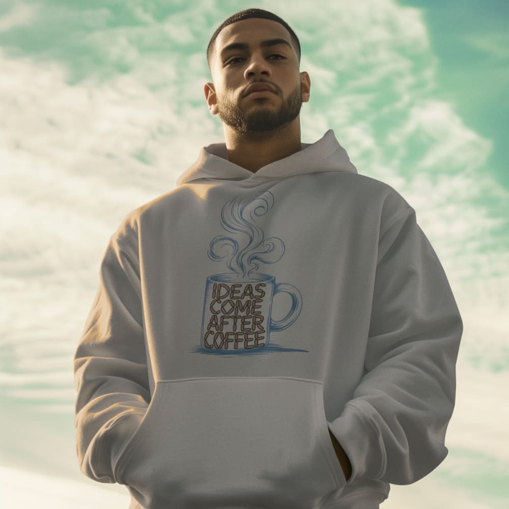 Man wearing a hoodie with a coffee-themed design against a water background