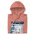 Pink hoodie with a graphic design on a white background