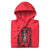Red hoodie with black graphic design on a white background