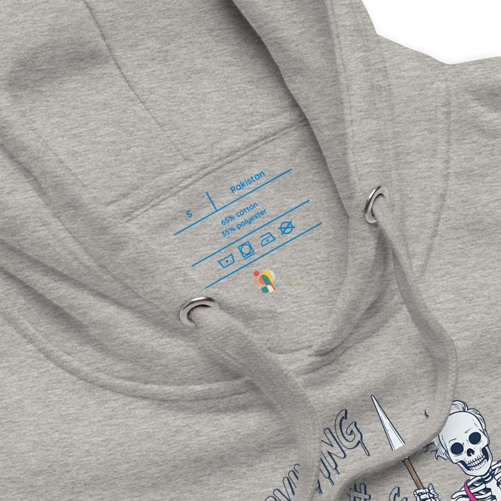 Gray hoodie with brand logo and text on the chest pocket against a white background