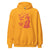 Yellow hoodie with a graphic design of a person and text 'Full Moon Mama Vibes' on a white background