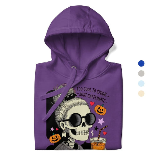 Purple hoodie with a skeleton design and text on a white background