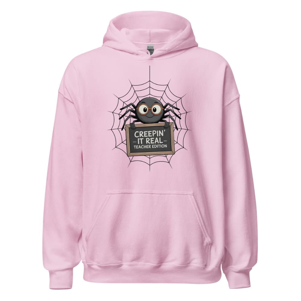 Pink hoodie with spider graphic and text on a white background
