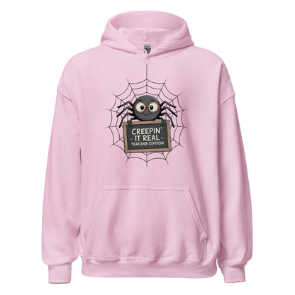Pink hoodie with spider graphic and text on a white background
