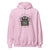 Pink hoodie with spider graphic and text on a white background