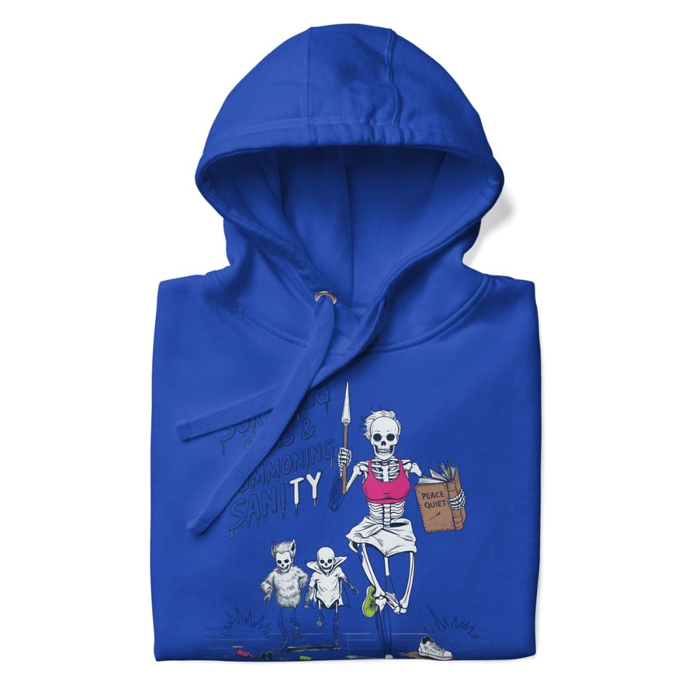 Blue hoodie with a skeleton design on a white background