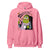 Pink hoodie with a cartoon character and text on a white background