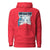 Red hoodie with graphic design on the back against a white background