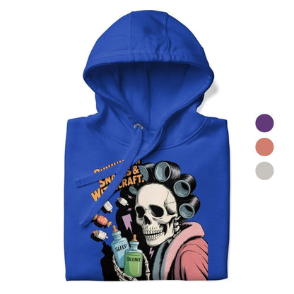 Blue hoodie with a skull and curlers graphic design on a white background