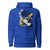 Blue hoodie with graphic design and text on a white background