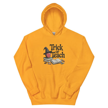 Yellow hoodie with 'Trick or Teach' design on a white background