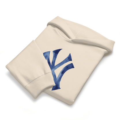 Beige hoodie with blue logo on a white background